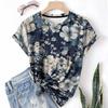 Camiseta Feminina Verão Nova Gola Redonda Manga Curta Estampa de Flores e Grama Casual Esportiva Solta Tecido Leve Respirável