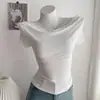 Top de Verano 2025 con Pliegues Irregulares, Costilla, Hombros Descubiertos, Cuello Oscilante y Mangas Cortas, con Diseño Único para un Look Puro y Sexy