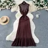 Vestido de Tricô Sem Mangas com Gola Halter e Pedrarias de Luxo Leve para Mulheres, Vestido de Verão com Cintura Alta Estilo Cauda de Peixe e Design Elegante para o Trabalho