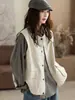 Jaqueta Colete de Algodão Lavado Estilo Workwear Retrô Feminino Sem Mangas Colete Casual Gola Alta Jaqueta Cropped