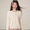 Jaqueta suéter curta feminina macia e aconchegante de lã pura com bordado floral, look dopamina super estiloso, top cardigã de tricô