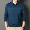 Camiseta de manga larga de primavera para hombre con cuello, ropa para hombres de mediana edad y mayores, top con bolsillo real, polo a rayas