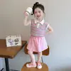 Conjunto de Falda Estilo Preppy para Niñas, Nuevo Estilo de Verano, Conjunto de Dos Piezas de Moda con Falda Plisada y Manga Corta para Bebés Niñas