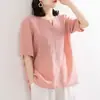 Camisa Bordada de Algodón y Lino Nueva de Verano para Mujer, Suéter Holgado Artístico con Mangas Cortas Bordadas, Cuello en V Abotonado, Camiseta de Tallas Grandes