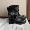 Botines retro con hebilla de cinturón para mujer, nueva colección otoño/invierno 2026, suela gruesa, plisados, caña corta, tacón grueso, versátiles