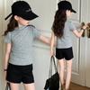 Calça Feminina Verão 2024 Novos Shorts Elásticos Cintura Alta Elástica Emagrecedor Slim-Fit Gola Alta Camiseta Elegante de Manga Curta
