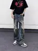 Jeans Masculino Retrô Americano High Street Rasgado Solto de Perna Reta Marca Tendência Canalha Design Cool de Nicho Calças de Mendigo Roupa Masculina