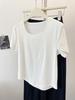 Playera sencilla de color sólido para hombro con cuello cuadrado de manga corta para mujer, verano, corte ajustado, adelgazante, corta