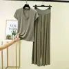 Conjunto de Camiseta de Manga Corta con Cuello en V Fina de Modal para Verano y Pantalones Casuales de Cintura Alta Sueltos Tallas Grandes Moda Ropa de Abrigo Adelgazante