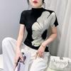 Blusa Elegante de Cor Contrastante Roupas Femininas Verão 2025 Novo Design com Senso de Nicho Slim Fit Emagrecedor Pulôver Manga Curta Camiseta