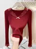 Fábrica de Suéteres Dalan Source Renda Decote V Feminino Outono Manga Longa Renda Costurada Slim Fit Malha Top Básico