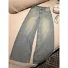 Jeans estiloso azul claro com strass brilhante de perna larga para mulheres, novas calças retas largas de cintura alta estilo retro americano