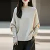 Suéter de lã pura estilo francês para outono e inverno, ombro a ombro, manga morcego, soltinho, modelador, tricô quente, echarpe, suéter de base