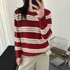 Suéter de punto a rayas de bloques de color retro con cuello redondo, top de manga larga para mujer, nuevo estilo de otoño, ajuste chic y relajado
