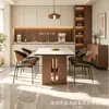 Mesa de comedor moderna minimalista de madera maciza y piedra con bordes redondeados para evitar golpes y rayones, con una base de columna hueca creativa para el comedor