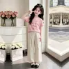 Conjunto de Roupa de Verão Estilo Coreano para Crianças Maiores: Calça Larga de Perna Larga Solta com Blusa de Manga Curta Estilosa e Fina, Calça Reta Casual da Moda