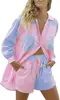 Camisas Europeas y Americanas Transfronterizas Traje Pantalones Cortos Solapa Un Botón Casa Casual Rayas Suelto Bolsillo Camisa de Mujer