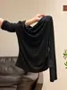 Camiseta Elegante de Gama Alta con Escote Irregular Bajo que Expone la Clavícula y Mangas Largas Fruncidas para Mujer, Nuevo Top Elegante Primavera/Verano 2026