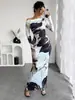 Vestido Largo Casual Elegante Ajustado con Hombros Descubiertos Estilo Nuevo Transfronterizo con Estampado Floral, Hombro Inclinado y Cadera para Mujer