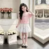 2026 Moderna Blusa de Rayas con Corazón de Manga Corta Verano Dulce Linda Estilo Coreano Falda de Encaje Conjunto de Dos Piezas