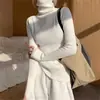 Top de punto cálido de manga larga ajustado sin dedos para mujer, nueva camiseta base de cuello alto para otoño e invierno para mujer