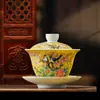 Tigela de Esmalte com Tampa Três Talentos com Pássaros Alegres em Galhos, Estilo Chinês Vintage Cerâmica Doméstica Tigela de Chá Kung Fu, Infusor de Chá Único