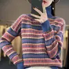 Nuevo suéter casual transfronterizo de otoño e invierno, holgado y cómodo, jersey para mujer de cuello medio-alto con rayas jacquard, versátil para usar en capas.