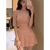 Vestido de tirantes con rayas, sin mangas y cuello en U, estilo Pure Desire, para mujeres petite, mini vestido de verano sexy con fruncido en la cintura, línea A
