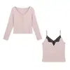 Elegante Cárdigan de Cuello en V con Adorno de Encaje, Estilo Primavera, Ropa para Mujer Tallas Grandes, Conjunto de Dos Piezas Adelgazante 66149