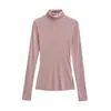 Top de manga larga con cuello semi-alto estilo coreano, Nuevo Primavera 2026 para mujer, corte ajustado, favorecedor, camiseta básica con base de hombro regular