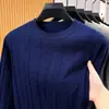 Suéter de punto de algodón puro para hombre, primavera/otoño, cuello redondo, manga larga, estilo pullover, estética old money, tejido de ochos, camiseta interior de cuello redondo, suéter