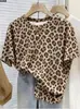 Nuevo Top Americano Suelto Retro Adelgazante Versátil Estampado de Leopardo Europeo y Americano Cuello Redondo Moda Versátil Camisa