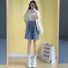 Shorts jeans feminino de Tencel, comprimento médio, cintura alta elástica, perna larga solta, fresco e macio, shorts casuais que afinam para o verão