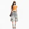 Jeans Cortos de Pierna Ancha Naranja Infantil # Estilo Americano High Street Rasgados, Lavados y Desgastados para Mujer, Corte Holgado, Adelgazantes, Únicos, Versátiles, a la Rodilla.