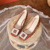 Zapatos de Tacón Grueso con Hebilla Cuadrada de Pedrería para Mujer, Diseño Nicho con Sentido del Diseño, Primavera y Otoño, Profesionales, Terciopelo Marrón, Tacones Altos, Punta Cuadrada