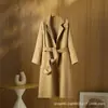 Elegante abrigo de lana de cachemir para mujer con cuello de solapa, cintura con cinturón, bolsillos, corte holgado, versátil para ir al trabajo, abrigo largo de lana