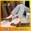 Zapatos de Mujer con Tacón Grueso 2025 Primavera Nuevo Estilo Gamuza Punta Cuadrada Boca Baja Hebilla Cuadrada con Pedrería Tacón Medio Cómodo Suela Suave Zapatos de Salón