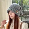 Gorro de Punto Nuevo para Mujer Otoño e Invierno Estilo Coreano Versátil Cálido Gorro de Lana Gorro Holgado con Botón Protección para los Oídos Cubre Cabeza Gorro