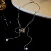 Collar Mariposa de Plata con Tirón Nuevas Explosiones Borla de Perlas Cadena Clavicular Cadena para el Cuello Nicho Elegante de Lujo Ligero para Mujer