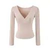 Camiseta de Manga Larga con Cuello en V Cruzado Francés para Mujer 2026 Otoño Nueva Llegada Delgado Sexy Ceñidor de Cintura Top de Manga Larga Base
