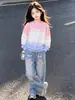 Conjunto de Sudadera con Degradado para Niñas Dopamina Casual Nicho Superior Holgado Manga Larga Jeans de Pierna Ancha para Niños Nuevo