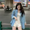 Camisa de Mezclilla Azul Claro de Manga Larga para Mujer, Chaqueta Camisa Retro de Otoño, Top Holgado