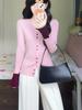 Camisa Base Feminina Outono Retro Francês High-end com Decote V e Manga Longa Suéter Cardigan Único com Senso de Design Manga Longa Slim