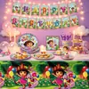 Decoraciones para fiesta de cumpleaños de niña transfronteriza: Guirnalda de mono Dora, decoraciones colgantes en espiral, vasos de papel, platos de papel, mantel, globos