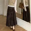 Nova Saia Longa Estampada de Veludo com Bolinhas Estilo Francês Outono/Inverno para Mulheres, Cintura Elástica, Patchwork em Camadas