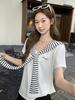 Camiseta de Manga Corta a Rayas con Diseño de Cuello Azul Marino para Mujer 2026 Verano Elegante Holgada Adelgazante Top