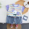 Nuevo Traje de Dibujos Animados a Rayas de Colores para Niños Cachorro Manga Corta Niños Verano Delgado Estilo Coreano Lindo Conjunto de Dos Piezas Moderno
