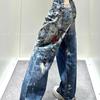 Corrente Pesada Retro Americana Calça Jeans para Mulheres, Design High Street Estampa Digital Colorida Calça Comprida