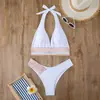 Bikini de dos piezas de color sólido nuevo para mujer, popular en Europa y América, bikini sexy ajustado, traje de baño push-up de cintura alta con cuello halter