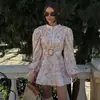 Amazon Elegante Vestido Digitalmente Estampado para Mujer Otoño Nuevo Cuello Alto Un Botón Manga Larga Cinturón Falda Floral